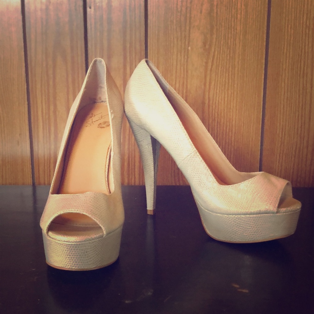 Colin Stuart snake skin peep toe pumps